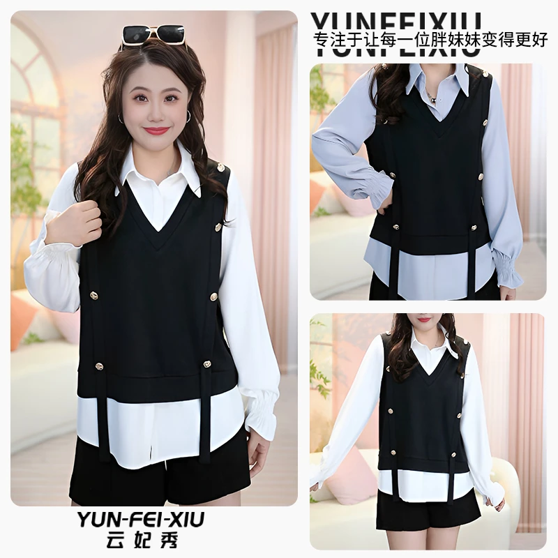 云妃秀大码女装衬衫时尚休闲微胖显瘦假两件上衣韩版百搭春季9663