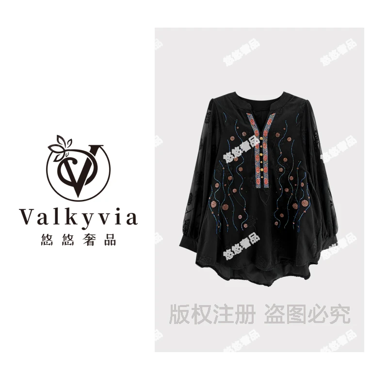 【Valkyvia/悠悠奢品】重工烫钻中国风夏季百搭休闲T恤A6455