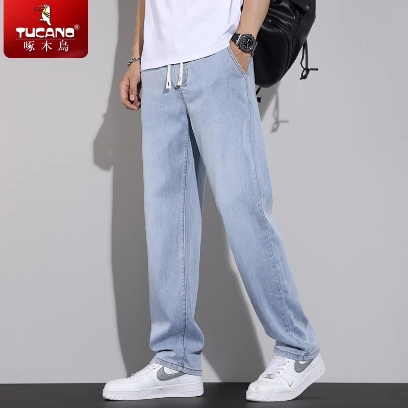 啄木鸟莱赛尔天丝牛仔裤男款潮牌宽松直筒裤男士夏季款松紧腰长裤