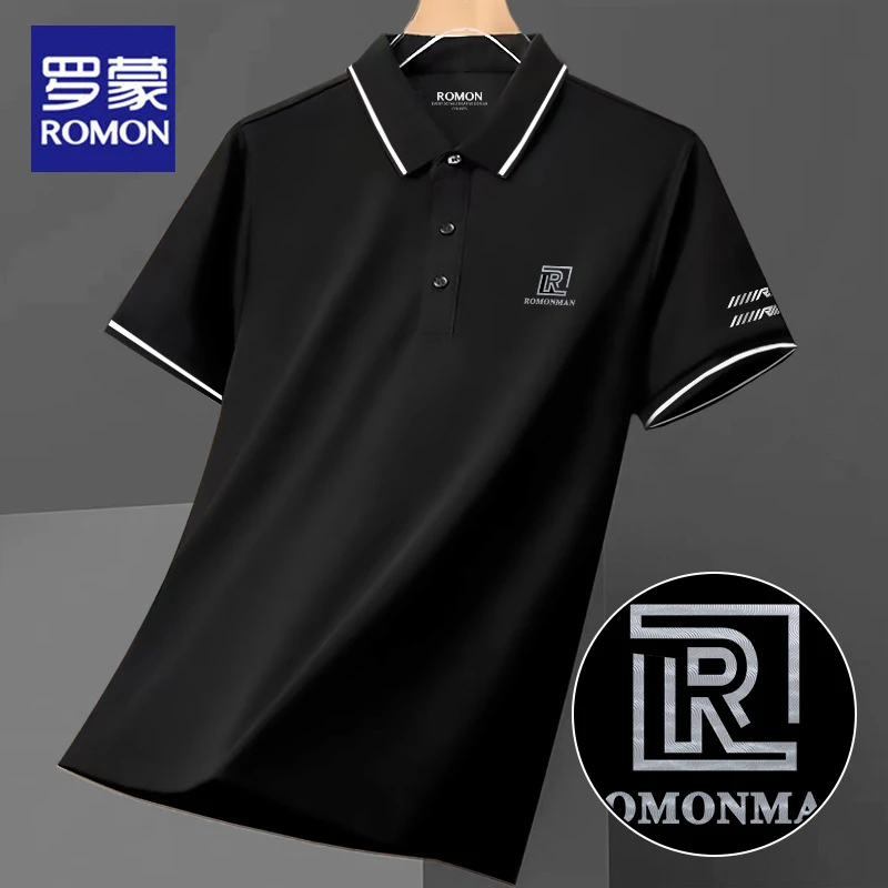 【桑蚕丝】罗蒙商务男士短袖POLO衫2025新款夏季时尚休闲T恤半袖黑