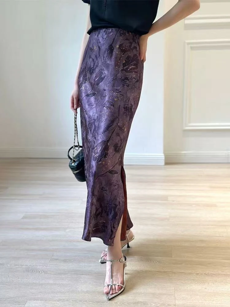 花影印花 人丝香云～纱松紧腰显瘦包臀开叉鱼尾半身裙女夏2025新款