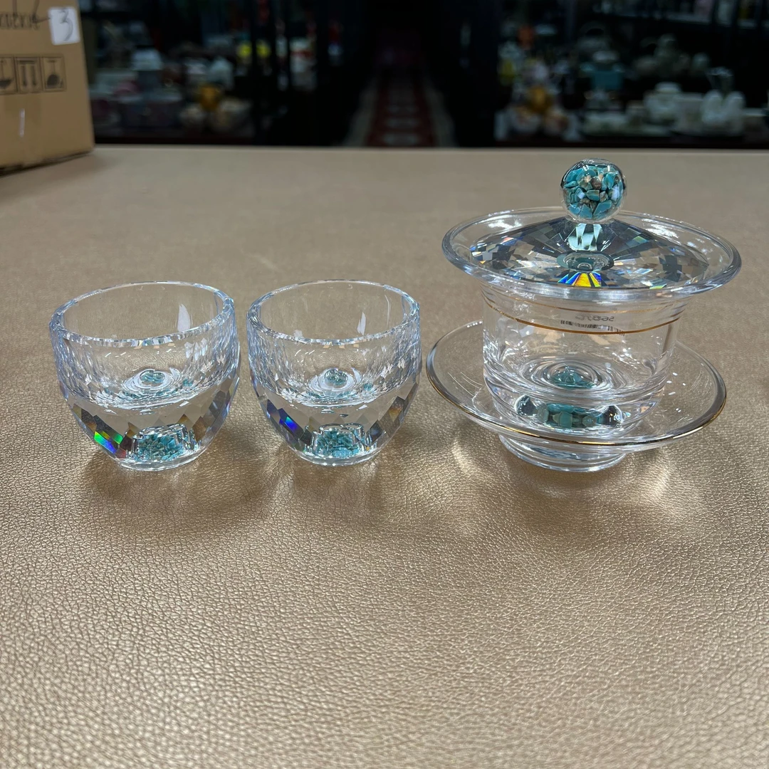 高硼硅透明玻璃松石蓝描金盖碗家用泡茶三才盖碗+两杯-1916