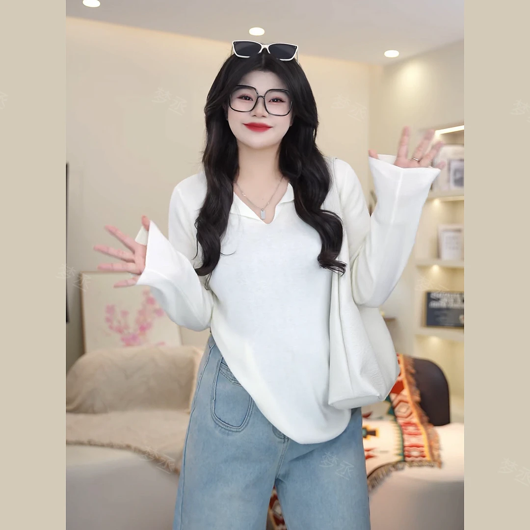 梦丞-胖mm大码女装早秋圆领半开胸翻边纯色气质洋气长袖上衣女