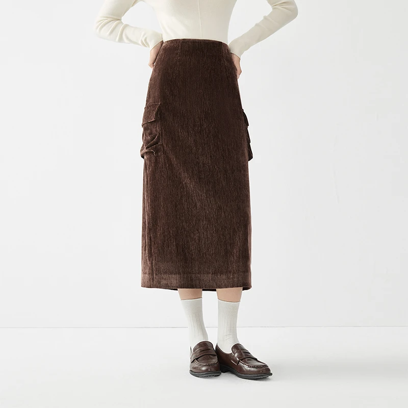 范思蓝恩加厚绒感直筒半身裙2024冬新款中长遮肉直身裙24FS14668