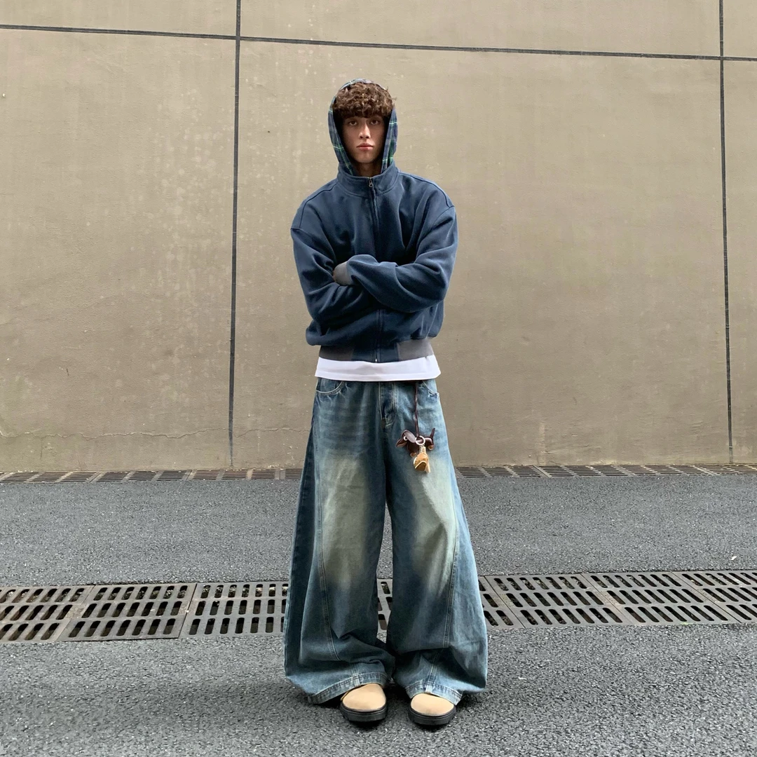 美式复古假两件连帽卫衣男女秋季宽松情侣开衫外套潮