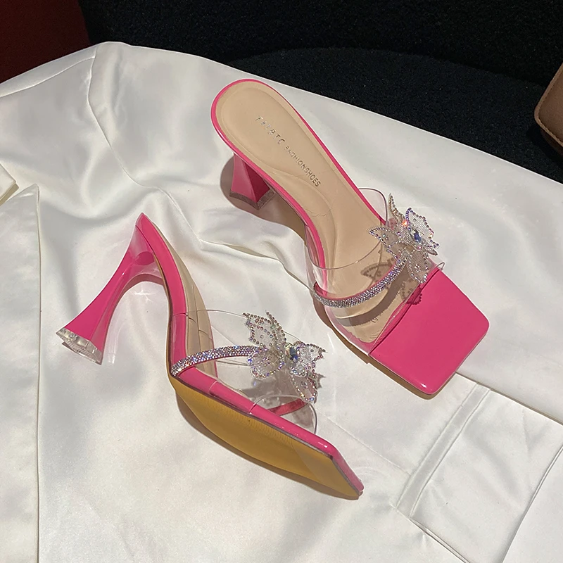 【8厘米】蝴蝶水钻透明外穿拖鞋酒杯跟玫红色细跟夏季高跟鞋XL1785