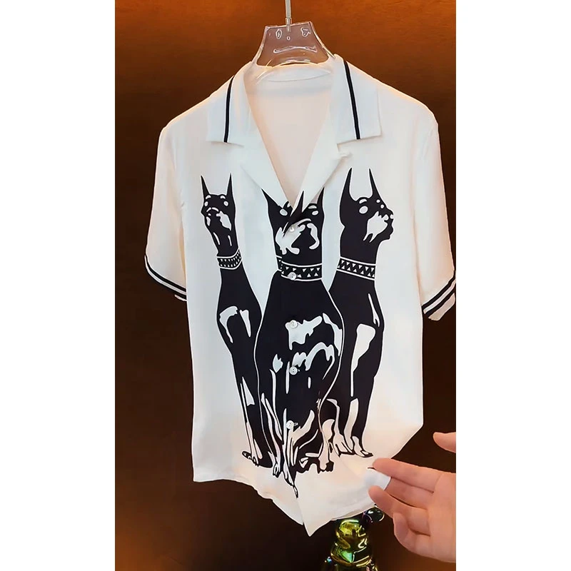 欧洲站轻奢高定休闲男装上衣2025夏季新款杜宾犬印花宽松短袖衬衫