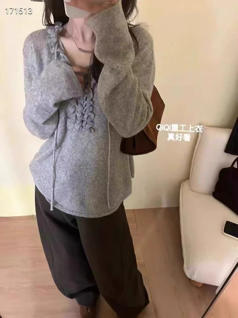 灰灰呀！甜巧布朗尼~慵懒甜美木耳边系带套头宽松厚实针织衫毛衣