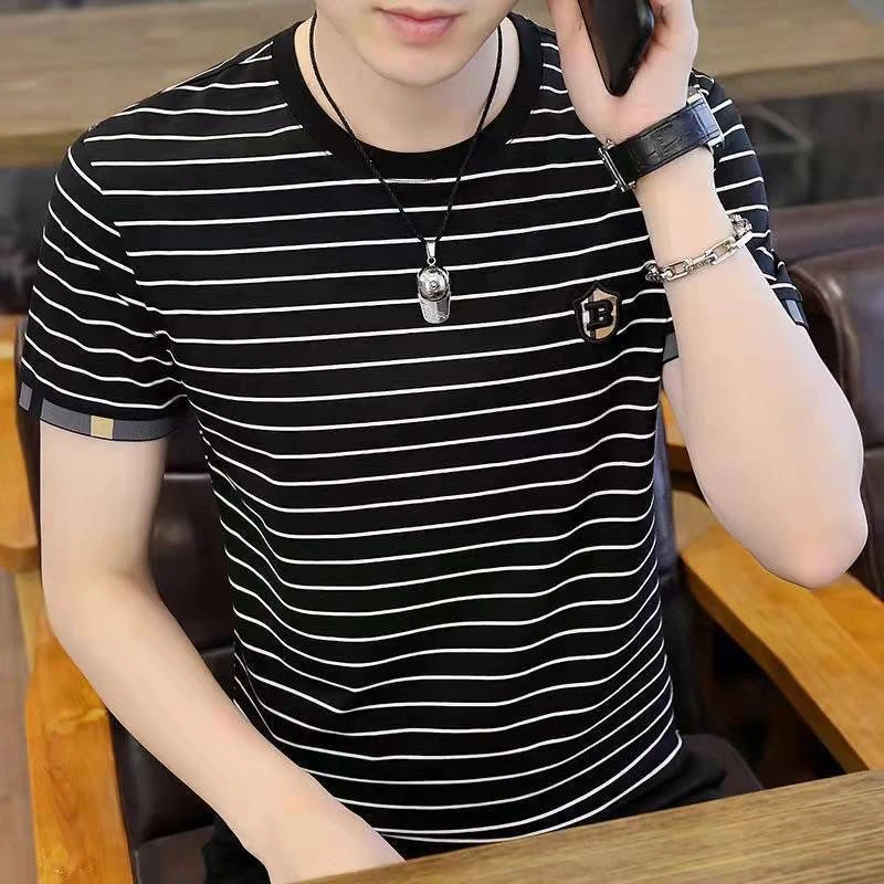 圆领免烫条纹印花青少年条纹T恤上衣2025时尚t恤高品质夏装休闲