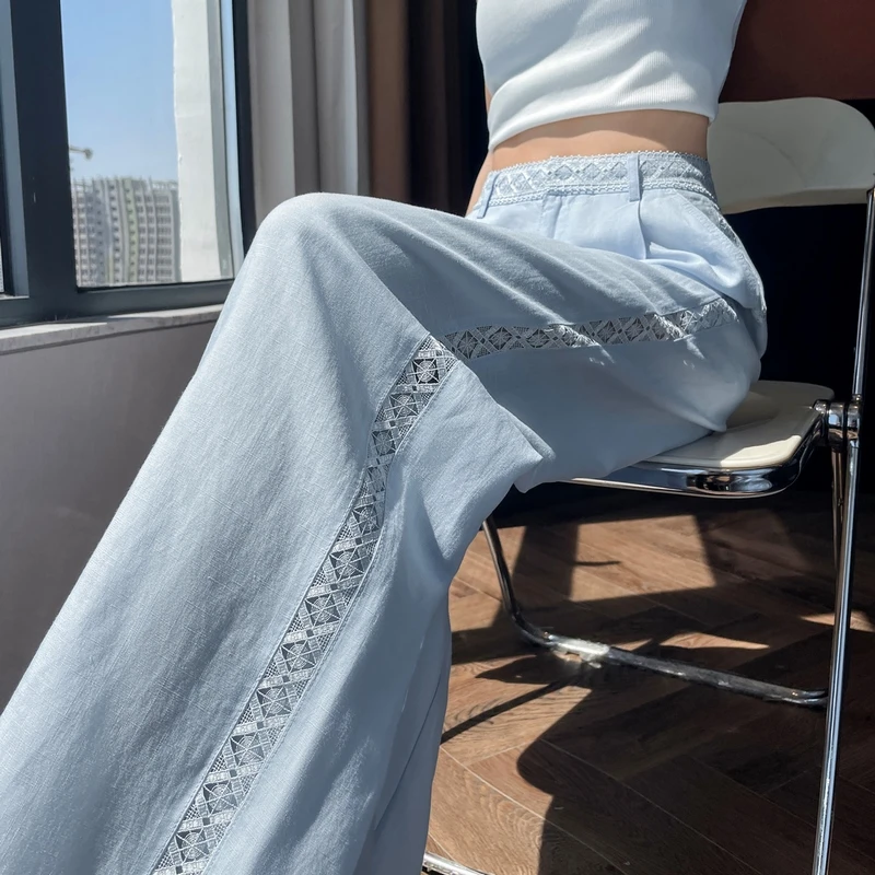 蕾丝镂空冰丝阔腿裤女夏季薄款钩花高腰垂感浅蓝色亚麻直筒山本裤