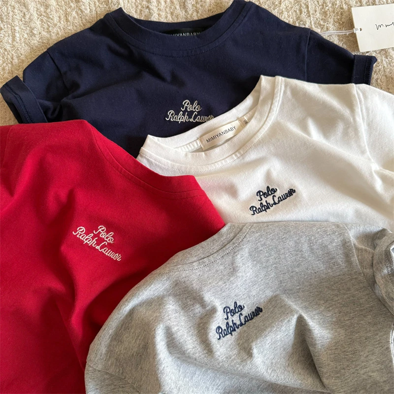 儿童T恤2025夏季新品男女童简约刺绣字母短袖宝宝韩系圆领T