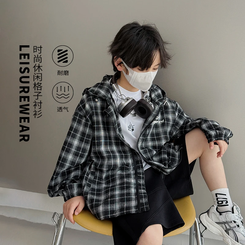 范米粒男童连帽外套2025春秋款儿童格子衬衫中大童潮牌春装薄款