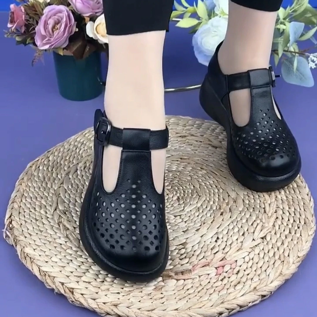 2025年夏季新款中跟镂空透气增高女鞋妈妈鞋一字扣带厚底洞洞鞋女
