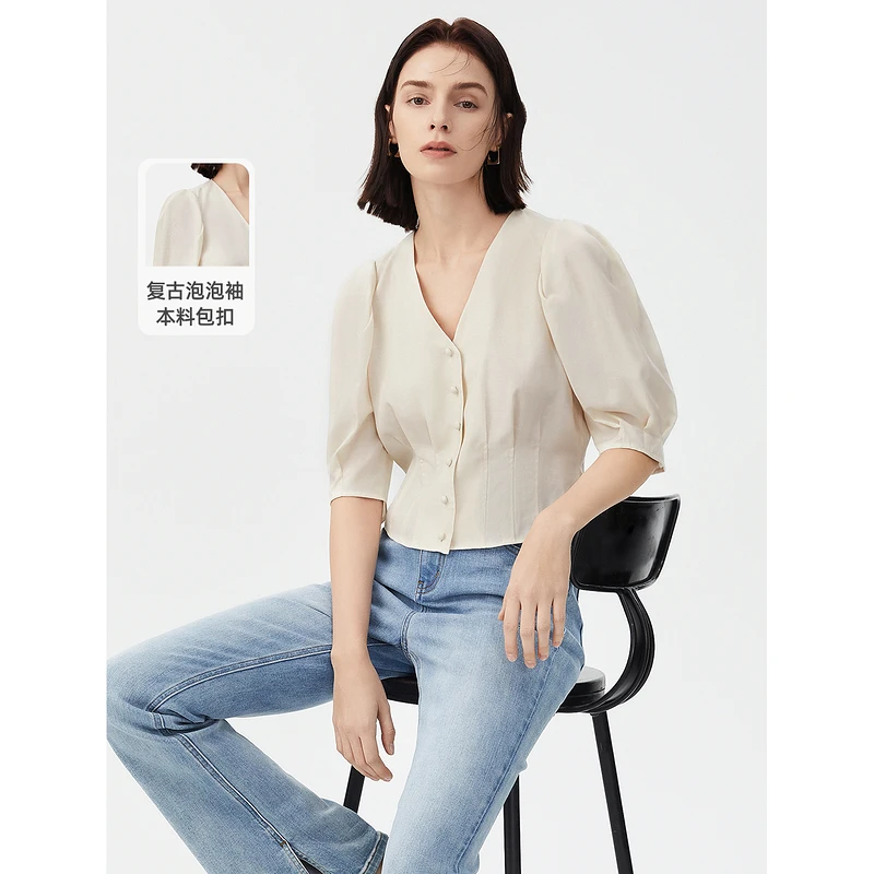 朗姿天丝亚麻法式复古泡泡袖衬衫衬衣夏新款设计感小众显瘦通勤