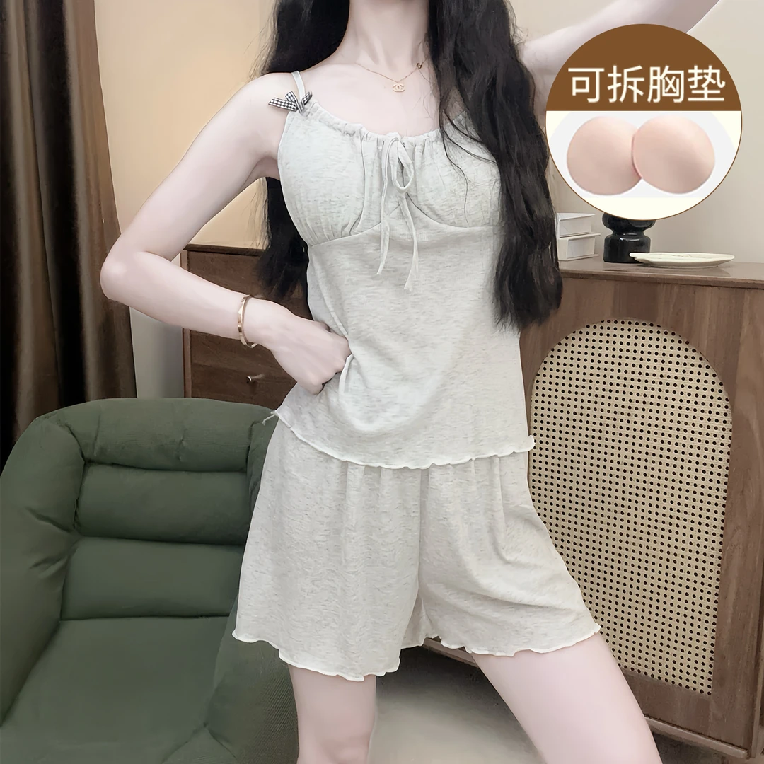 莫代尔睡衣女款夏季薄款吊带胸垫蝴蝶结少女小个子夏天家居服套装