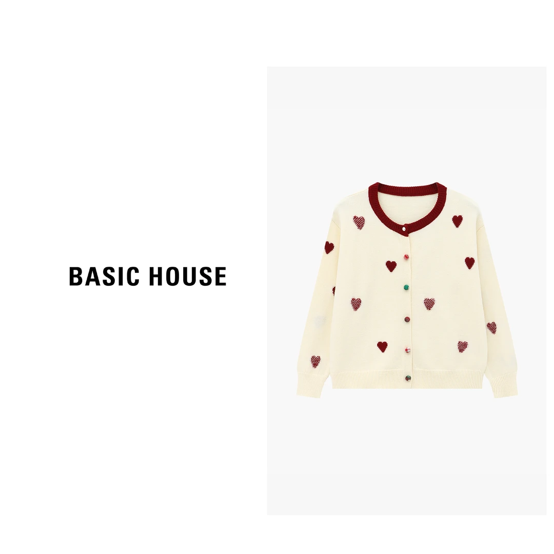 Basic House/百家好秋冬慵懒感红色爱心提花保暖毛衣-B0625B5SEF2