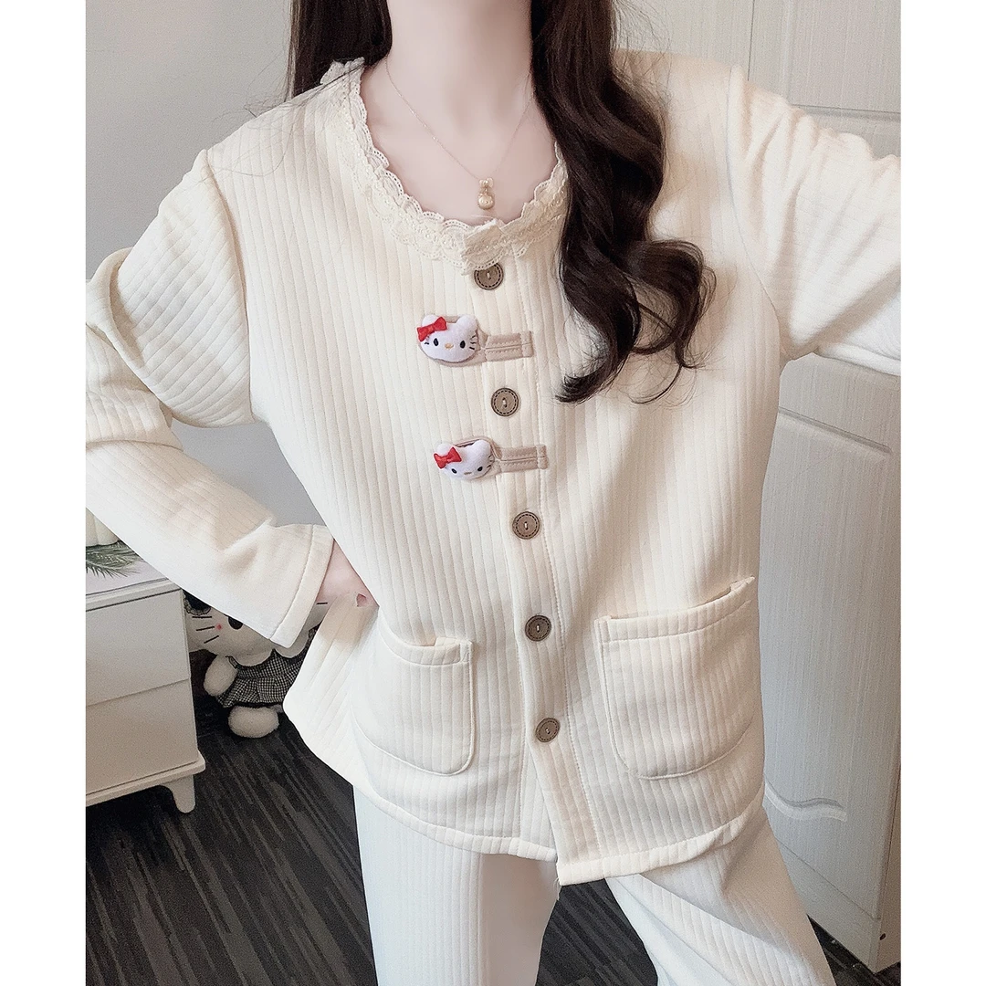 可爱KT猫睡衣女秋冬夹层长袖开衫套装2025新款空气棉少女家居服