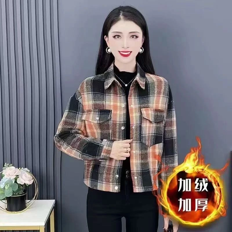 【加绒加厚-B】2025美拉德穿搭女加绒短外套小个子休闲格子外套