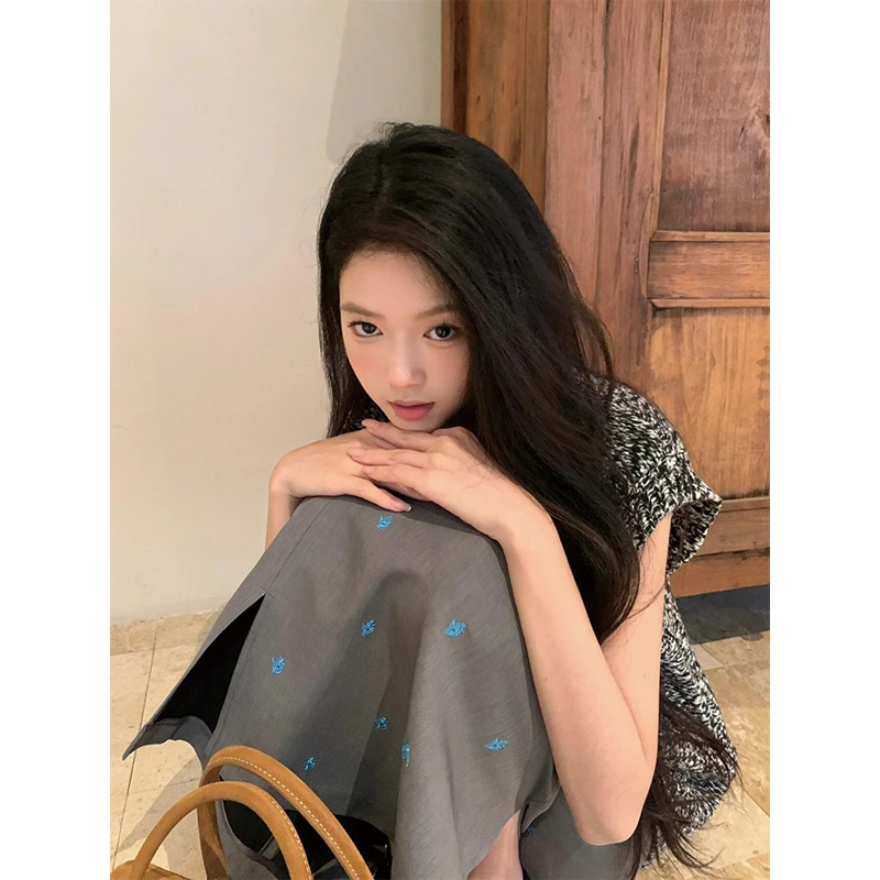 韩版复古ins雪花花纱圆领上衣女2025新款设计感波点半身裙两件套