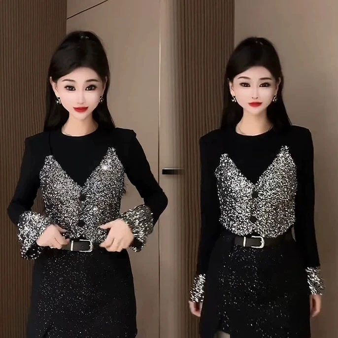 德绒假两件打底衫女2025春秋新款时尚亮片拼接喇叭袖长袖显瘦上衣