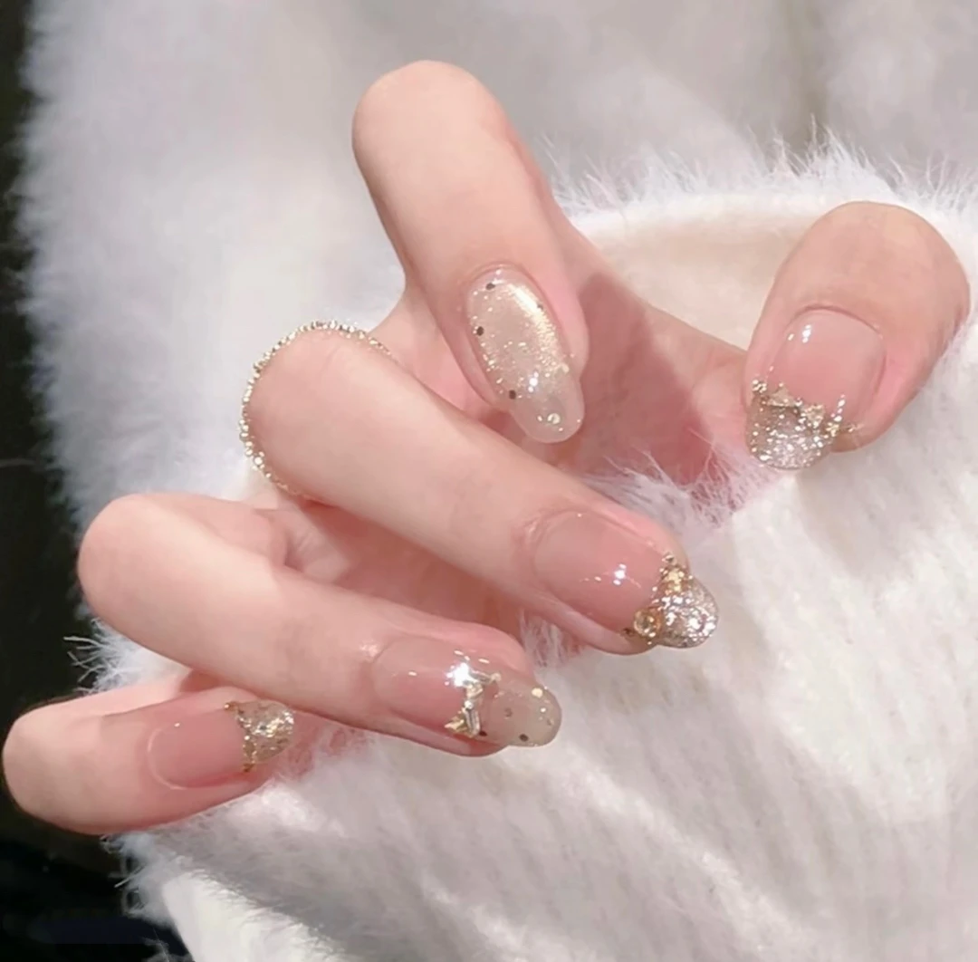 【金色芭蕾】纯手工穿戴甲猫眼短款锆石高级爆闪显白纯手作美甲贴