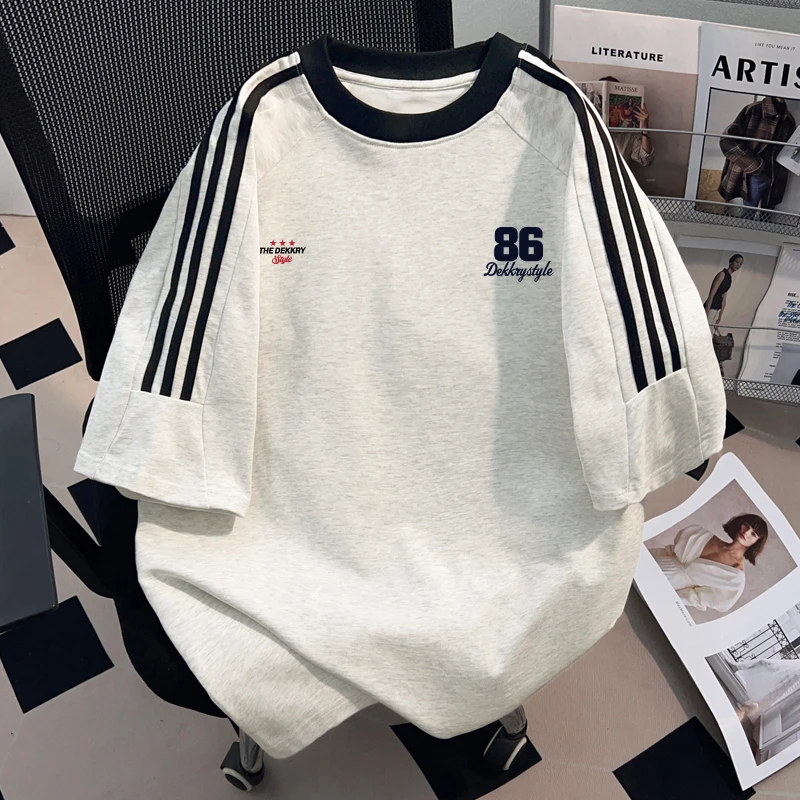 jtrt美式字母印花三条杠短袖t恤男女夏季简约宽松情侣纯棉上衣潮