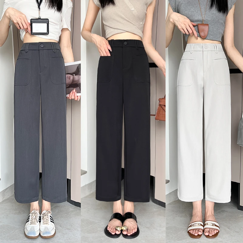 黑色九分阔腿裤女装夏薄款松紧腰小个子直筒裤高腰休闲百搭西装裤