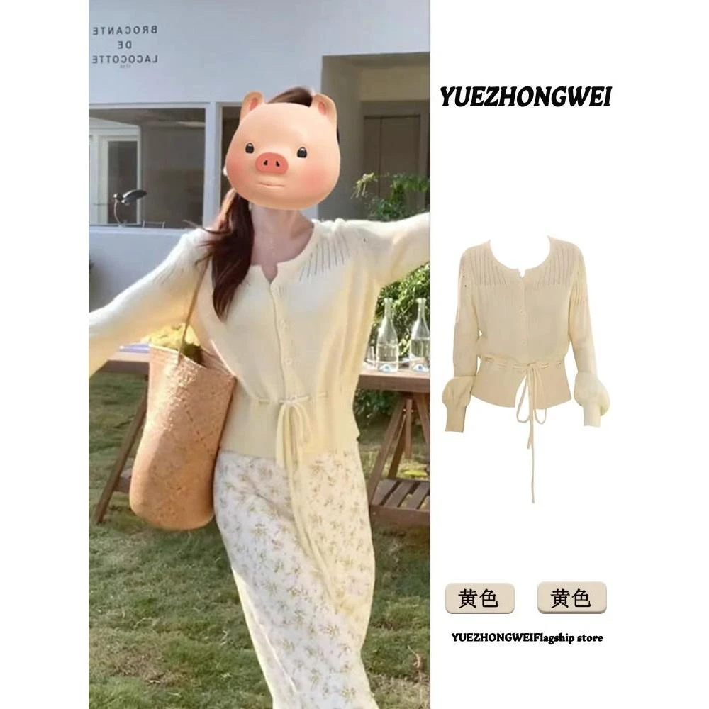 法式抽绳黄色长袖针织衫女2025春季新款收腰绑带毛衣chic韩系上衣