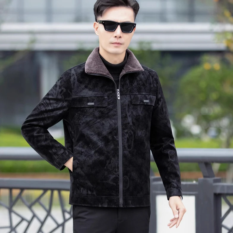 鹿皮绒皮毛一体冬季加绒加厚男士皮衣外套2025新款休闲时尚皮夹克