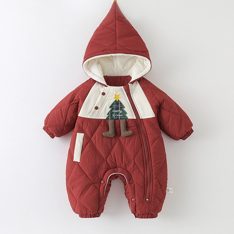 婴儿衣服冬款加厚夹棉连体衣小月龄宝宝外穿连帽加绒棉衣可爱抱衣