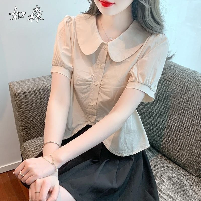 2025新款娃娃领短袖衬衫上衣女士夏季高级感短款洋气小衫独特别致
