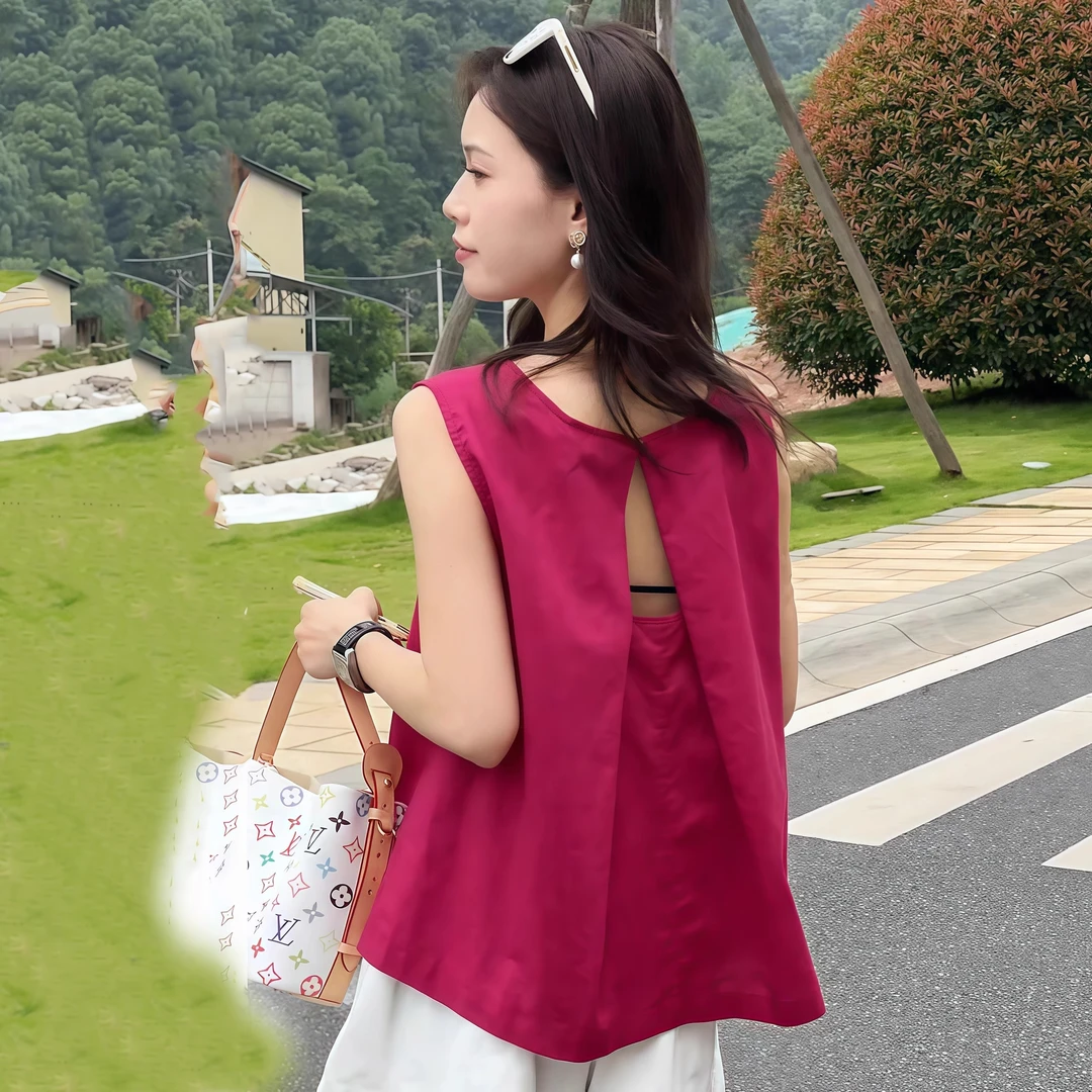 后背镂空无袖衬衫女高级感轻奢衬衣女款2025新款爆款夏季上衣
