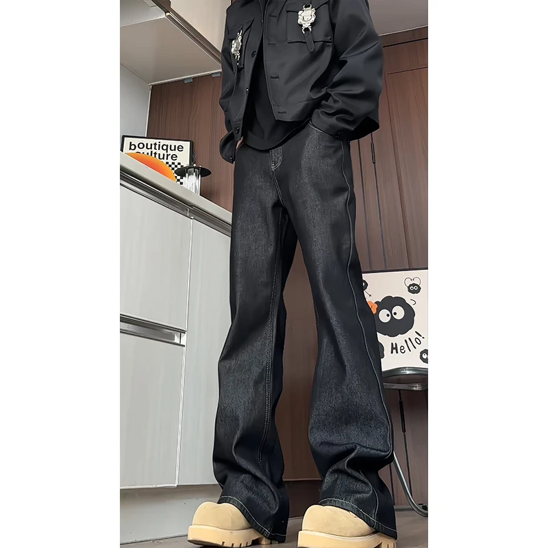 美式手缝线痞帅男士牛仔裤秋冬原牛黑百搭直筒裤青少年潮牌微喇裤