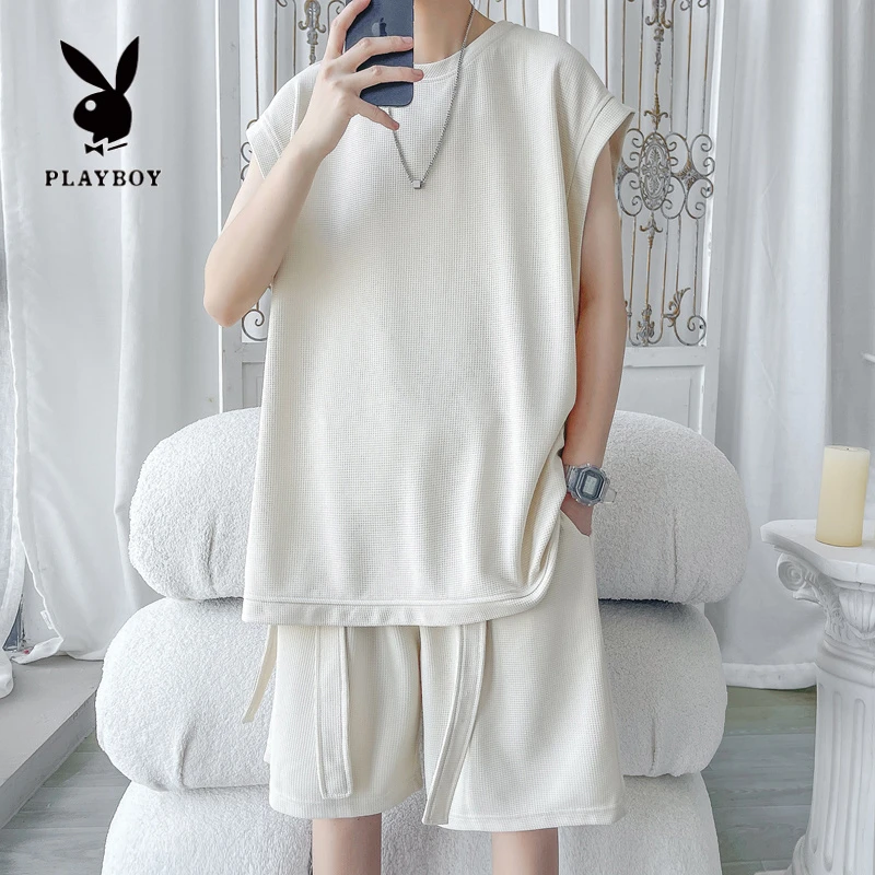 PLAYBOY/花花公子夏季飘带设计休闲运动套装男士百搭纯色背心短裤