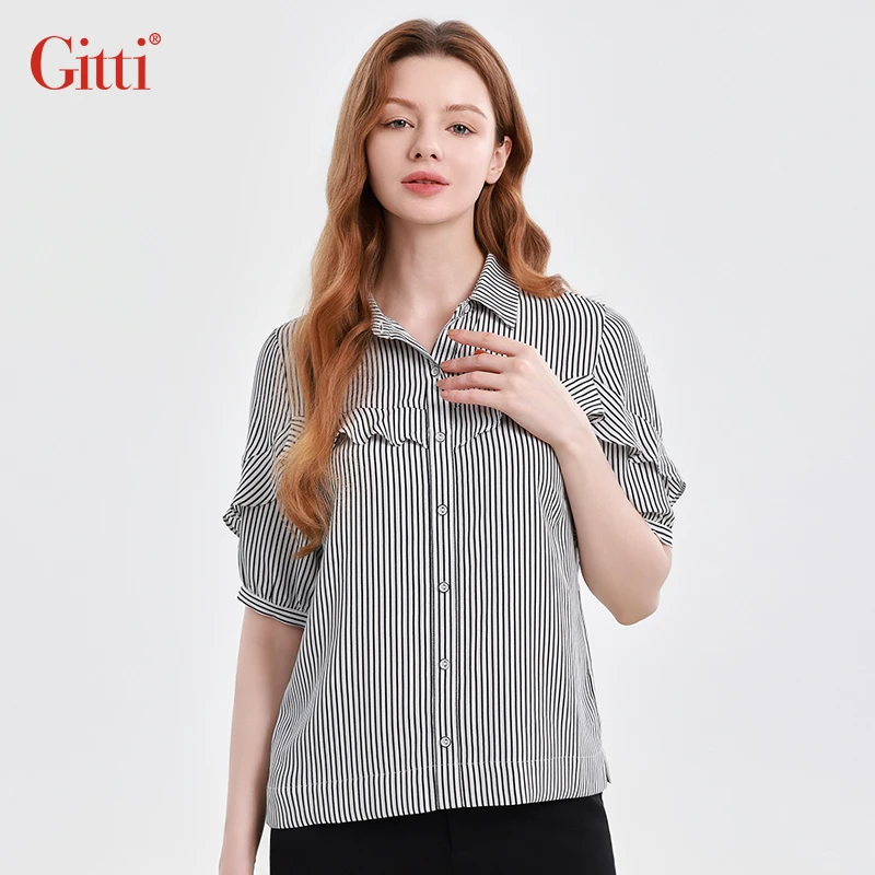 Gitti/吉蒂条纹花边袖显瘦衬衫女宽松大码短袖衬衣G251091