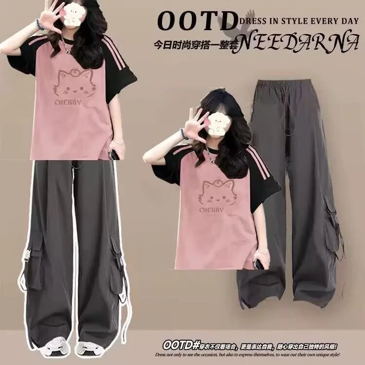 FAVMARTHA初中生夏套装女2025新款少女夏装中大童短袖t恤工装裤运