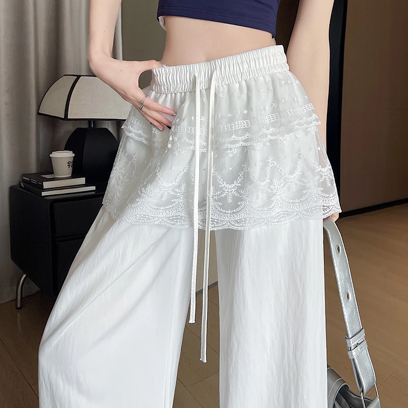 La Chapelle/无货蕾丝冰丝阔腿裤夏季慵懒垂感休闲直筒拖地裤