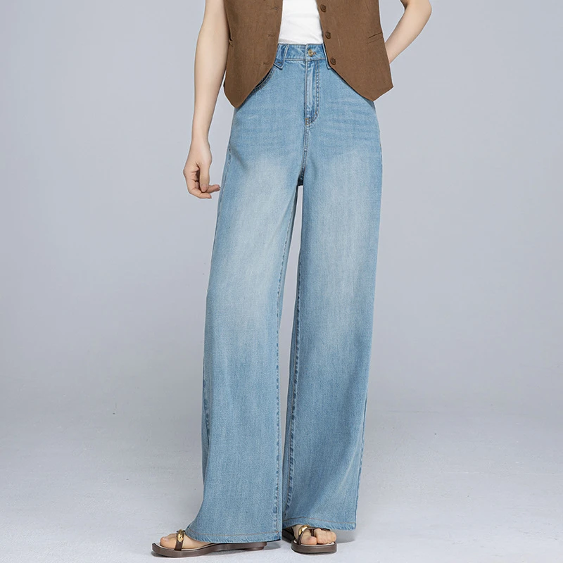 天丝麻JINYI&夏季薄款凉感飘逸直筒裤松紧腰显瘦阔腿牛仔拖地长裤