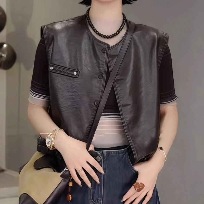 大码复古PU皮马甲女装2025秋季新款韩版时尚休闲百搭坎肩马夹外套