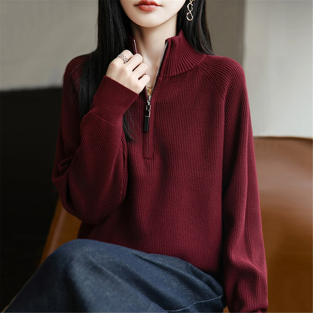 复古酒红半高领拉链针织衫女2025年秋冬新款慵懒风显瘦毛衣上衣」