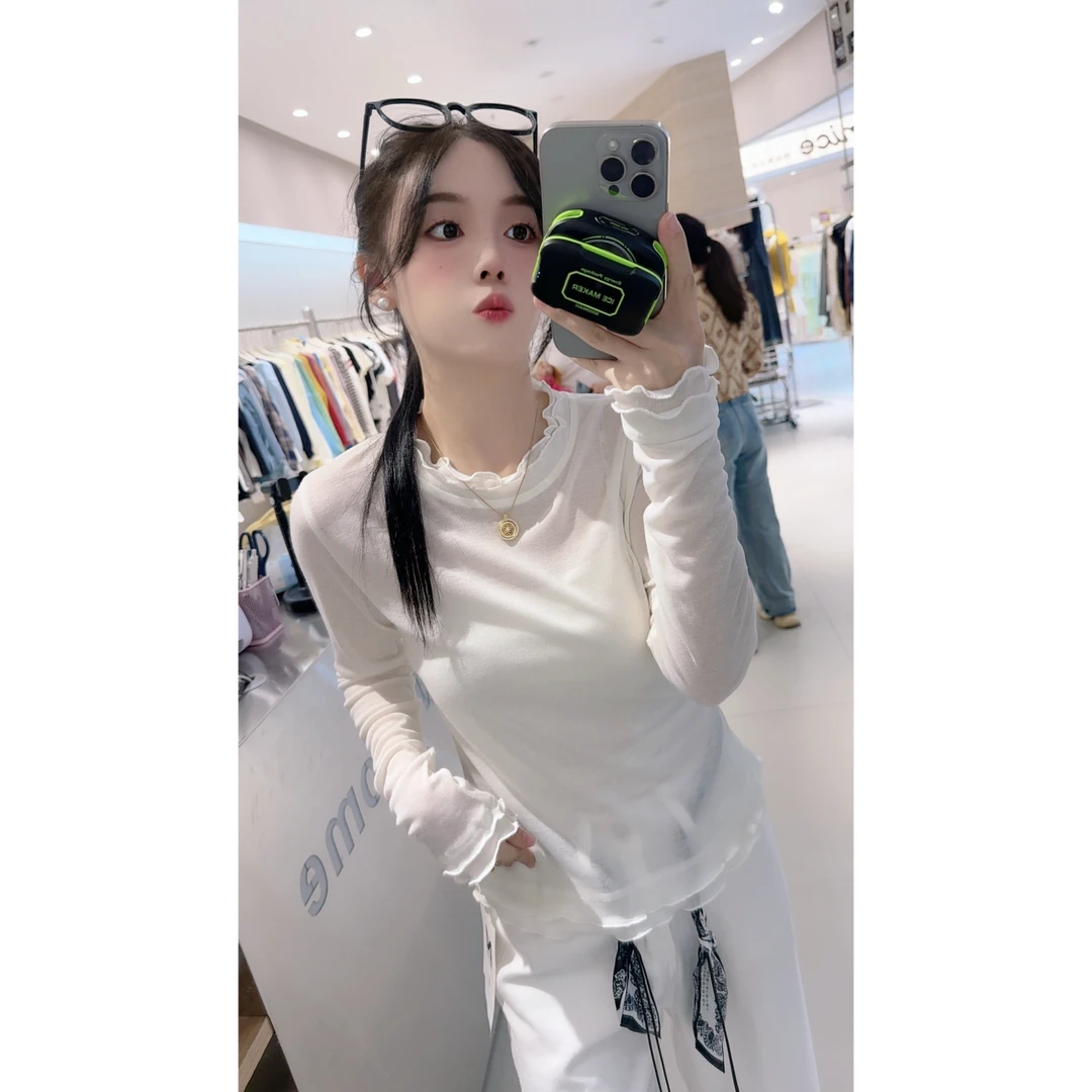 020双色木耳边薄款打底衫