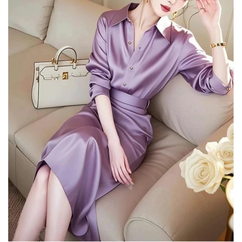 紫色缎面衬衫连衣裙早春女高端精致法式气质收腰套装ST1637