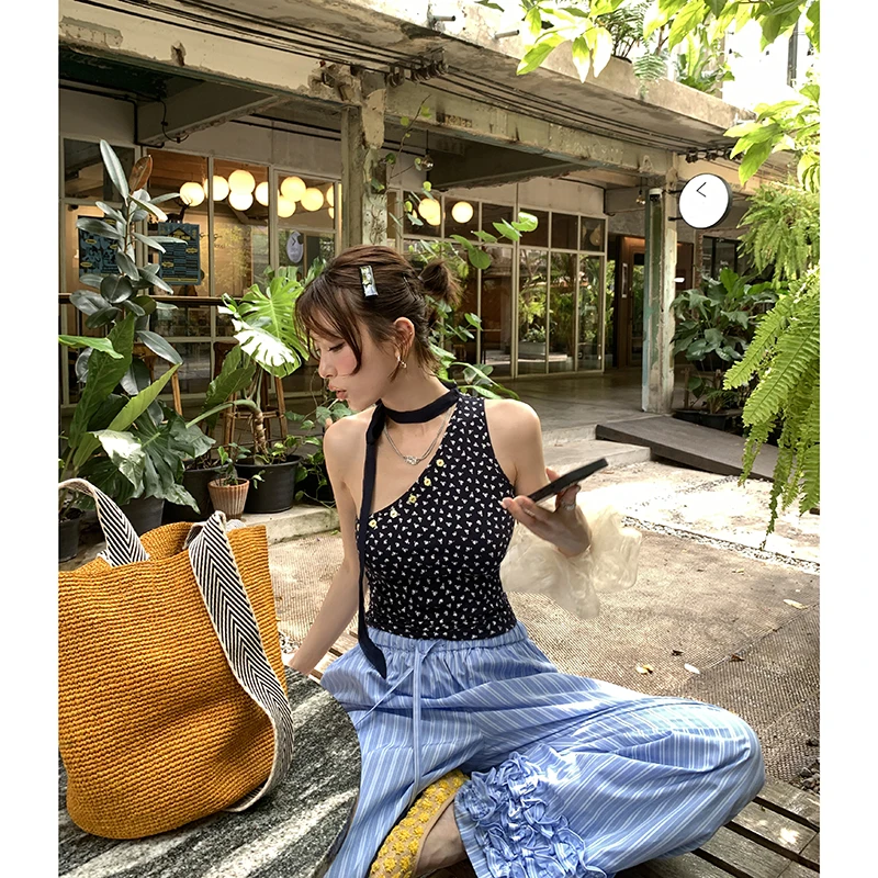 【菊次郎的夏天】千禧辣妹飘带碎花短款单肩背心女修身4239