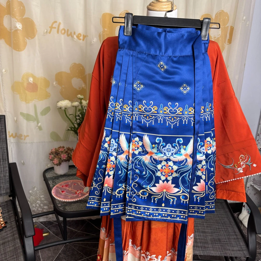 儿童清仓马面裙婚纱缎印花马面裙凤凰于飞不退换