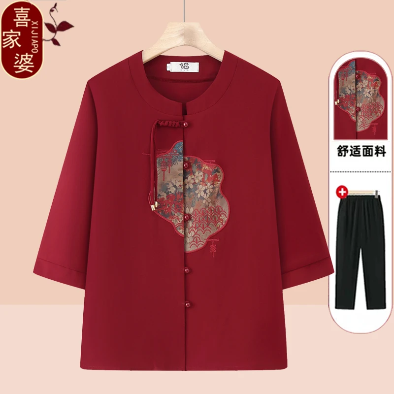 中老年人夏季宽松T恤女2025新款妈妈夏装新中式国风奶奶雪纺衬衫