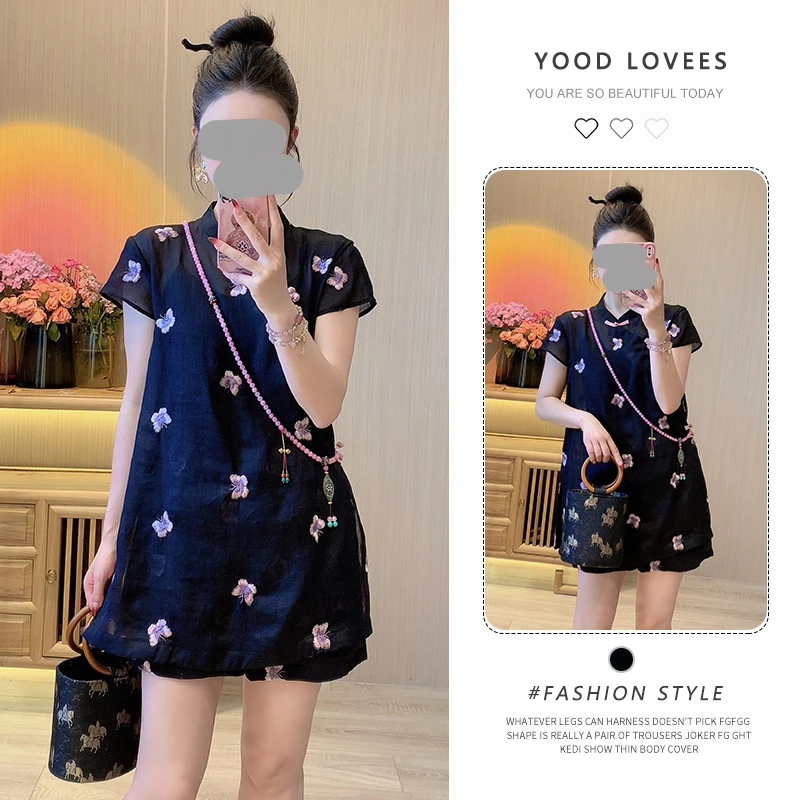 夏日超火轻熟别致小众不撞款高级感新中式国风黑色衬衫短裤套装女