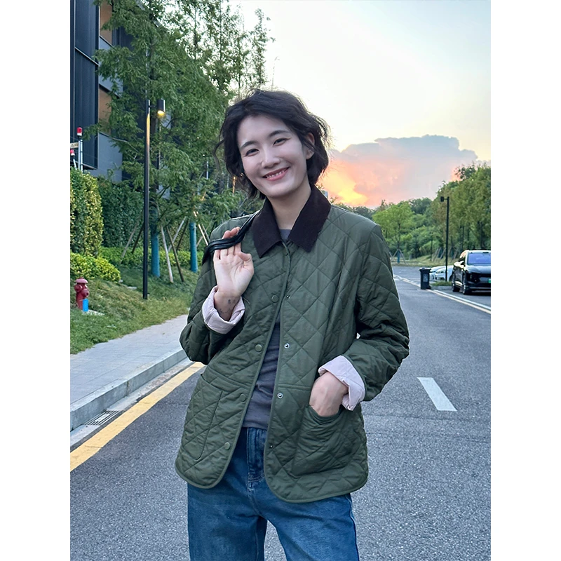 LANGQING 军绿色菱形格轻薄冬季休闲翻领保暖长袖外套42560#