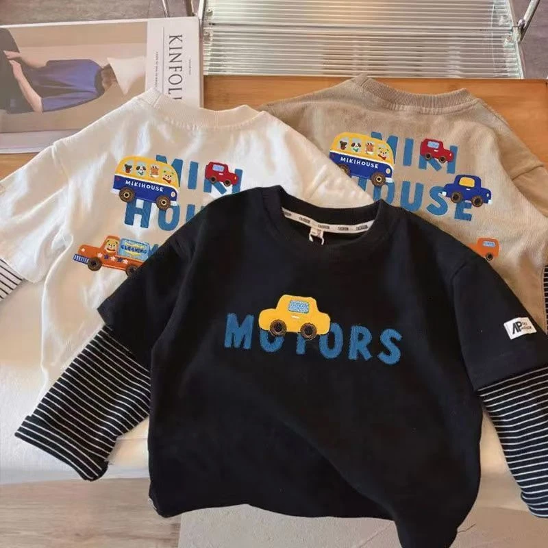 春秋款假两件男童t恤长袖宽松上衣拼接中小儿童卡通车车打底衫潮T