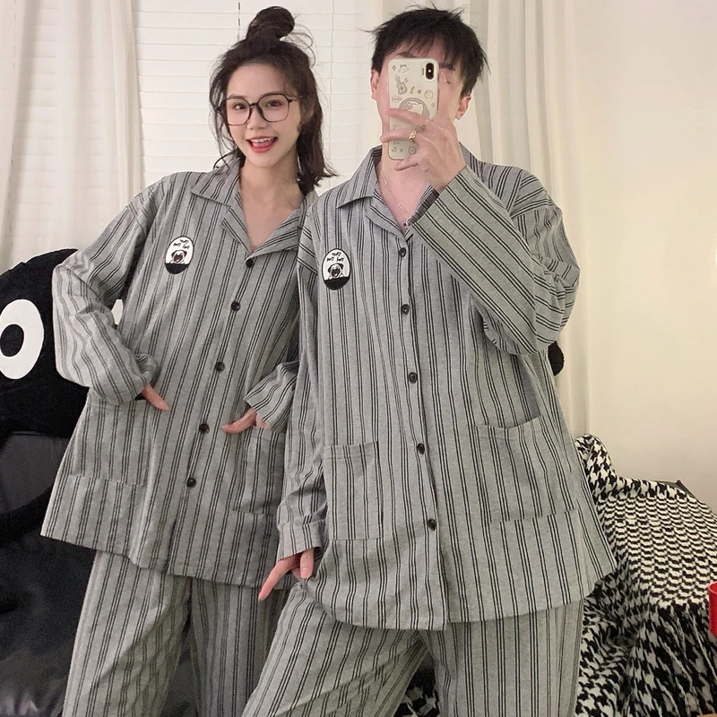 春秋季纯棉条纹卡通情侣睡衣薄款长袖开衫男女士大码家居服套装