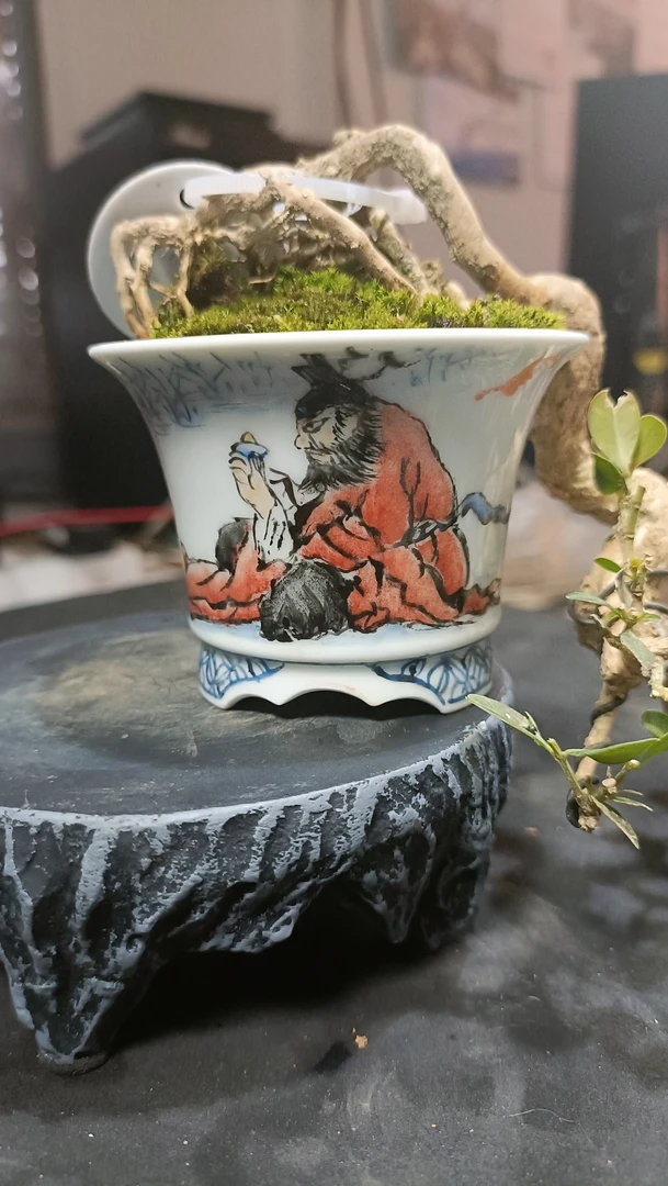 三足圆形千里江山图花盆适合文竹菖蒲多肉盆栽桌面造景